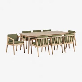 Kaela Rechthoekige Tafelset (220x100 Cm) En 8 Acaciahouten Eetkamerstoelen Bouclé Leger Groen - Sklum