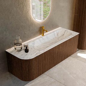 Mondiaz Kurve-dlux 135cm badmeubel ronding links walnut met 1 lade en deur en wastafel big medium kraangat rechts glace