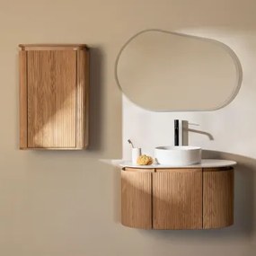 Carsone Houten Badkamermeubelset Natuurlijk Hout & Natuurlijk Hout & Rond Keramiek Wit Ø40 Cm Lenka & Ovaal Led En Anticondens 100x80 Cm Meunier -