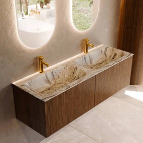 Mondiaz Kurve-dlux 140cm badmeubel dusk met 2 lades en wastafel stor small dubbel 2 kraangaten glace