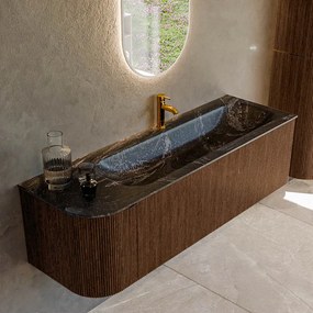 Mondiaz Kurve-dlux 145cm badmeubel ronding links walnut met 1 lade en deur en wastafel big large kraangat rechts lava