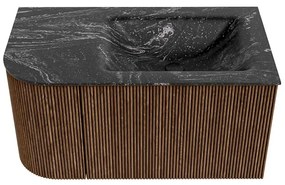 Mondiaz Kurve-dlux 85cm badmeubel ronding links walnut met 1 lade en deur en wastafel cloud rechts zonder kraangat lava