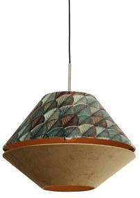 Moderne hanglamp brons met dubbele velours kap blad dessin en beige - Combi 1