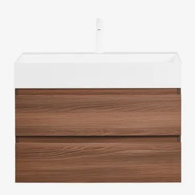 Badkamermeubelset Van Hout En Essenhoutfineer Met Geïntegreerde Wastafel Ona Donker Hout & Spiegelloze & Wit ↑20 Cm Met - Sklum