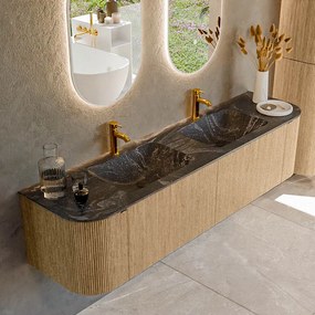 Mondiaz Kurve-dlux 180cm badmeubel ronding links/rechts oak met 2 lades en deuren en wastafel leaf dubbel 2 kraangaten lava