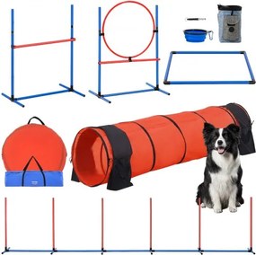 VEVOR Agility Trainingsuitrusting voor Honden, 5-delige Upgradeset met Verstelbare Hoge Horden, 6 Slalompalen, Verlengde Tunnel, Springring, Rustbox, Fluitje, Opvouwbare Kom, Puppy Hindernisbaanset met Opbergtas