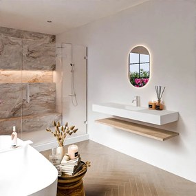 Zaro Alan badmeubel 140cm met planchet washed oak en vrijhangende wastafel cloud midden 1 kraangat talc