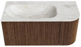 Mondiaz Kurve-dlux 95cm badmeubel ronding rechts walnut met 1 lade en deur en wastafel big small links zonder kraangat ostra