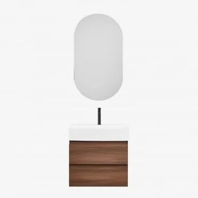 Badkamermeubelset Van Hout En Essenhoutfineer Met Geïntegreerde Wastafel Ona Donker Hout & Ovaal Met Opbergruimte Zwart 50x90 Cm Oricsa - Sklum