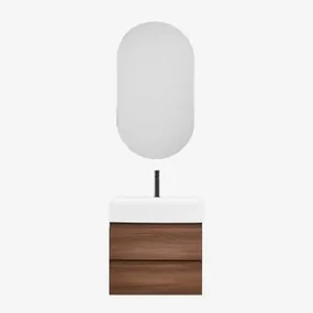 Badkamermeubelset Van Hout En Essenhoutfineer Met Geïntegreerde Wastafel Ona Donker Hout & Ovaal Met Opbergruimte Zwart 50x90 Cm Oricsa - Sklum