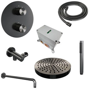 Brauer Stripe inbouw regendouche rond met 25cm hoofddouche, gebogen muurarm en staafhanddouche set 38 gunmetal geborsteld PVD