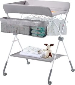 VEVOR Verschoontafel Opvouwbare Verschoontafel met 2 stoffen lades, zijmand en kledingstang, in hoogte verstelbare draagbare verschoontafel met vergrendelbare wielen, multifunctionele kinderkamer Lichtgrijs