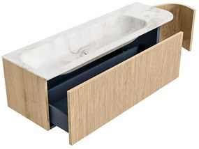 Mondiaz Kurve-dlux 145cm badmeubel ronding rechts oak met 1 lade en deur en wastafel big large links 2 kraangaten frappe