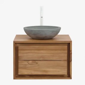 Jabari Zwevend Badkamermeubelset Van Teakhout Teakhout & Rond Grijs Cement Ø40 Cm Tarsis & Spiegelloze & Wit ↑30 Cm Met - Sklum