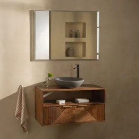 Baty Mangohouten Badkamermeubelset Mangohout & Rond Grijs Cement Ø40 Cm Tarsis & Rechthoekige Led En Anticondens 100x70 Cm Riben & Zwart - Sklum