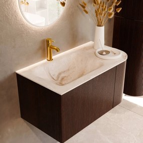 Mondiaz Kurve-dlux 85cm badmeubel ronding rechts ruby met 1 lade en deur en wastafel cloud kraangat links frappe