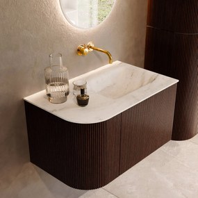 Mondiaz Kurve-dlux 75cm badmeubel ronding links ruby met 1 lade en deur en wastafel grunne rechts zonder kraangat opalo