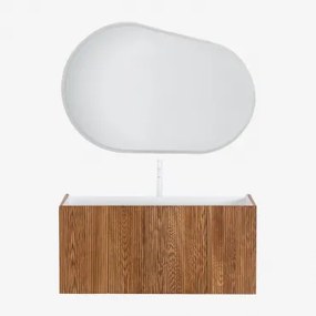 Badkamermeubelset In Hout Met Geïntegreerde Wastafel Fiore Donker Hout & Ovaal Led En Anticondens 120x80 Cm Riben & Wit ↑30 Cm - Sklum