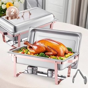 VEVOR Chafing Dish Set 2-delig RVS Voedselwarmer met 2 grote pannen (7,5 L), Rechthoekige Horeca Warmtedispenser met Deksel, Waterpanstandaard en Brandstofhouder, Roségoud