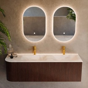 Mondiaz Kurve-dlux 145cm badmeubel ronding links ruby met 1 lade en deur en wastafel leaf dubbel/rechts 2 kraangaten ostra