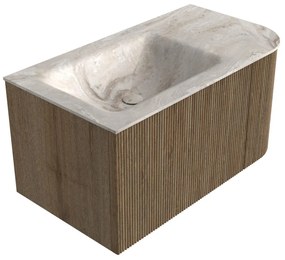 Mondiaz Kurve-dlux 85cm badmeubel ronding rechts dusk met 1 lade en deur en wastafel cloud links zonder kraangat frappe