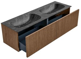 Mondiaz Kurve-dlux 150cm badmeubel walnut met 2 lades en wastafel stor small dubbel 2 kraangaten lava