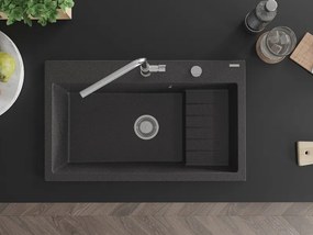 Mexen Omar granieten gootsteen, 1-komors, 800 x 480 mm, zwart gespikkeld, sifon chroom - 6520801005-76