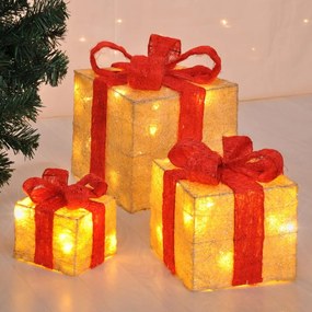 HI Kerstverlichting geschenkdoos met rode linten 3 st LED