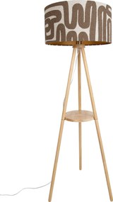 Vloerlamp tripod hout met gestreepte beige en bruine kap 50cm - Lou