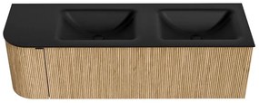 Mondiaz Kurve 145cm badmeubel ronding links oak met 1 lade en deur en wastafel cloud dubbel/rechts 2 kraangaten urban
