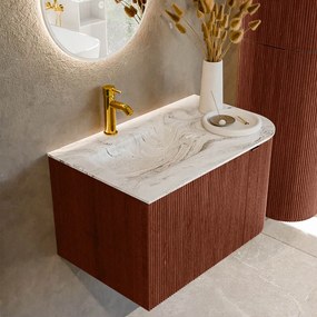 Mondiaz Kurve-dlux 75cm badmeubel ronding rechts ruby met 1 lade en deur en wastafel grunne kraangat links glace