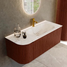 Mondiaz Kurve-dlux 115cm badmeubel ronding links ruby met 1 lade en deur en wastafel big small kraangat rechts frappe