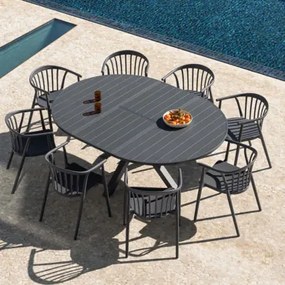 Barces Uitschuifbare Ronde Tafelset, 145-200x145 Cm, Gemaakt Van Aluminium En 8 Ivor Stapelbare Tuinstoelen Met Armleuningen. Grijs – Grafiet - Sklum
