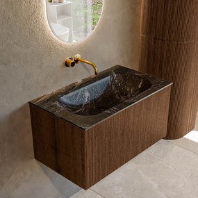 Mondiaz Kurve-dlux 80cm badmeubel walnut met 1 lade en wastafel big small midden zonder kraangat lava