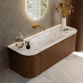 Mondiaz Kurve-dlux 130cm badmeubel ronding links/rechts walnut met 1 lade en 2 deuren en wastafel big small midden zonder kraangat glace