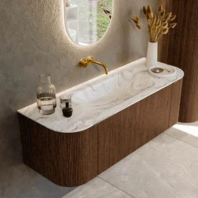 Mondiaz Kurve-dlux 130cm badmeubel ronding links/rechts walnut met 1 lade en 2 deuren en wastafel big small midden zonder kraangat glace