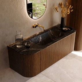 Mondiaz Kurve-dlux 130cm badmeubel ronding links/rechts dusk met 1 lade en 2 deuren en wastafel big small midden zonder kraangat lava