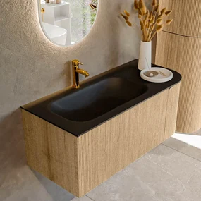Mondiaz Kurve 105cm badmeubel ronding rechts oak met 1 lade en deur en wastafel big small kraangat links urban