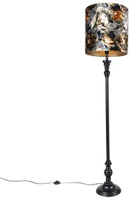 Stoffen Vloerlamp zwart met kap bloemen 40 cm - Classico Klassiek / Antiek E27 Binnenverlichting Lamp