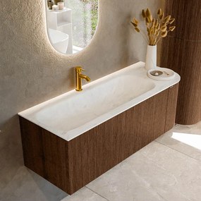Mondiaz Kurve-dlux 125cm badmeubel ronding rechts walnut met 1 lade en deur en wastafel big medium kraangat links opalo