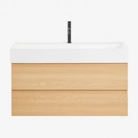 Ona Zwevend Badkamermeubelset Van Hout En Essenfineer Met Geïntegreerde Wastafel Natuurlijk Hout & Spiegelloze & Mat Zwart ↑20 Cm Met Afvoerkraan Zond