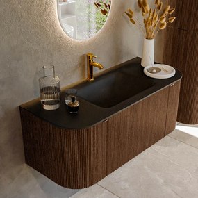 Mondiaz Kurve 110cm badmeubel ronding links/rechts walnut met 1 lade en 2 deuren en wastafel cloud midden 1 kraangat urban