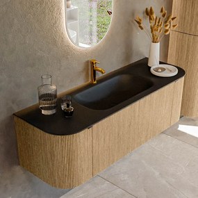 Mondiaz Kurve 140cm badmeubel ronding links/rechts oak met 1 lade en 2 deuren en wastafel big small midden 1 kraangat urban