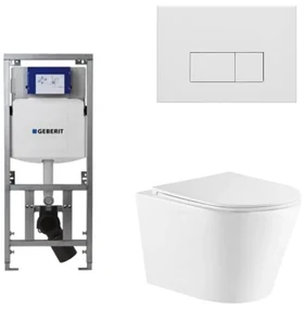 QeramiQ Dely Toiletset - 36.3x51.7cm - diepspoel - rimless - Geberit UP320 Burda inbouwreservoir - softclose toiletzitting - mat witte bedieningsplaat - rechtehoekige knoppen - wit glans SW543431/0701131/SW706191