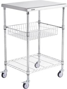 VEVOR RVS keukenwagen, 3-laags serveerwagen met een capaciteit van 213,2 kg, laboratoriumwagen, opbergwagen met verdiepte mand en 6 haken, voor binnen- en buitengebruik
