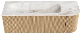 Mondiaz Kurve-dlux 135cm badmeubel ronding rechts oak met 1 lade en deur en wastafel big medium links zonder kraangat frappe