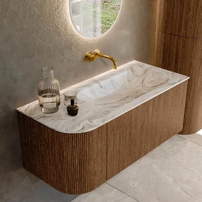 Mondiaz Kurve-dlux 105cm badmeubel ronding links walnut met 1 lade en deur en wastafel big small rechts zonder kraangat glace