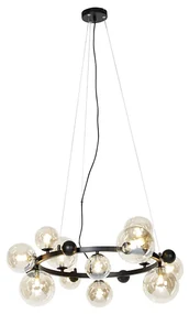 Smart hanglamp zwart met amber glas 12-lichts incl. 12 Wifi G9 - David Art Deco G9 bol / globe / rond rond Binnenverlichting Lamp