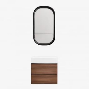 Badkamermeubelset Van Hout En Essenhoutfineer Met Geïntegreerde Wastafel Ona Donker Hout & Ovaal Met Plank Zwart 50x90 Cm Warien & Zonder Kraan -