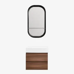 Badkamermeubelset Van Hout En Essenhoutfineer Met Geïntegreerde Wastafel Ona Donker Hout & Ovaal Met Plank Zwart 50x90 Cm Warien & Zonder Kraan -